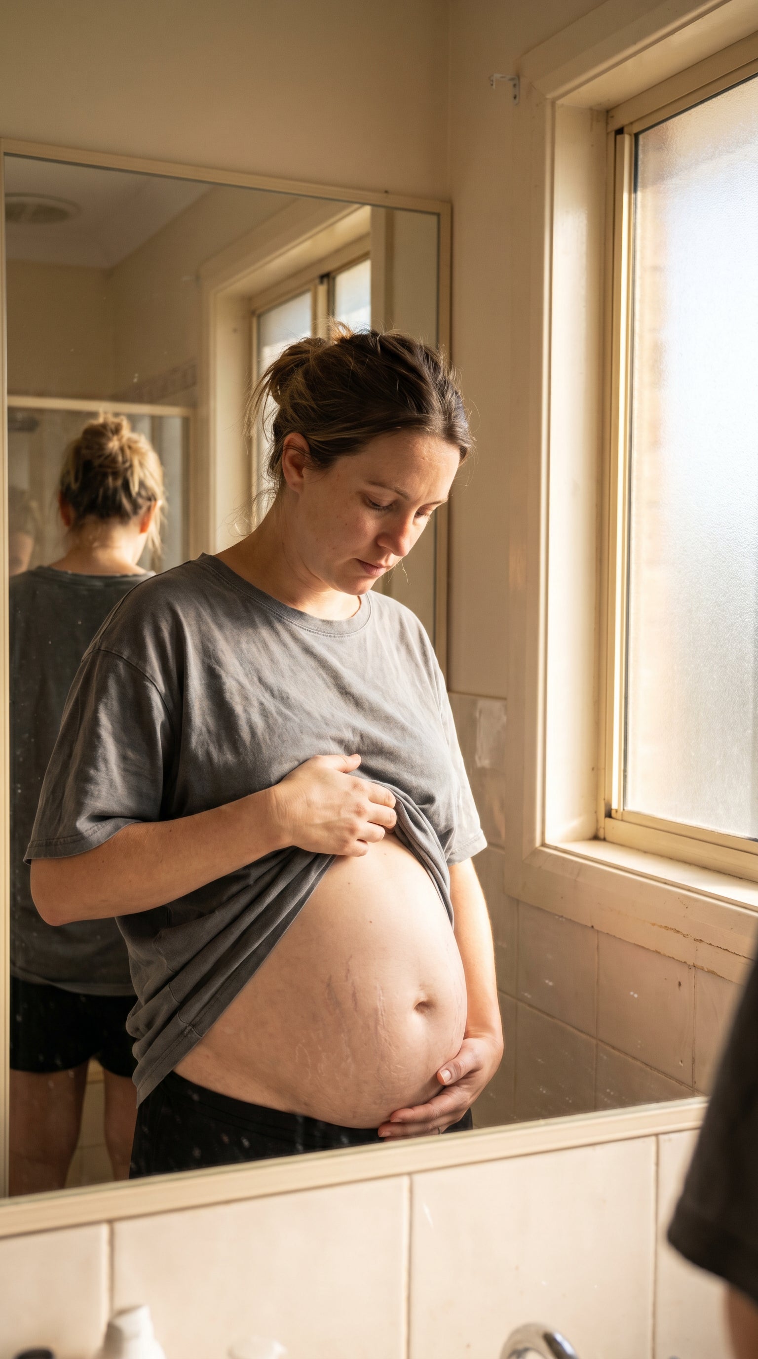 Femme regardant son ventre dans le miroir